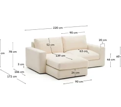 Kave Home Chaise Longue Bank Alea Chenille Ecru 3-Zits Links