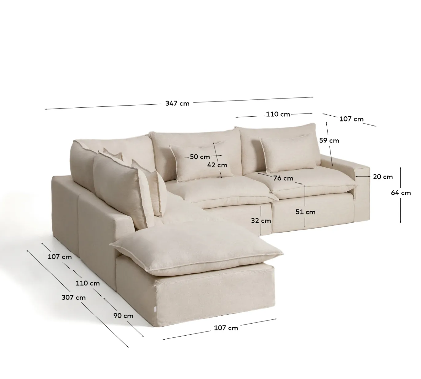 Kave Home Chaise Longue Bank Links Anarela 6-Zits Linnen Beige