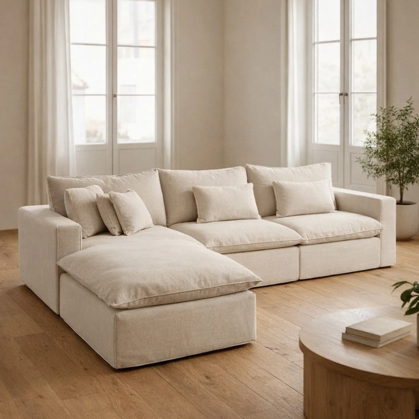 Kave Home Chaise Longue Bank Links Anarela 6-Zits Linnen Beige