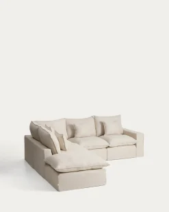 Kave Home Chaise Longue Bank Links Anarela 4-Zits Linnen Beige