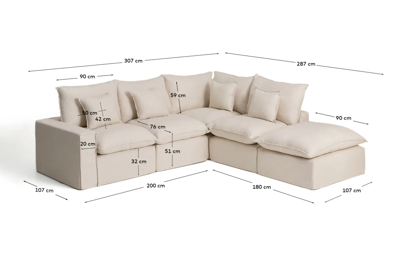 Kave Home Chaise Longue Bank Rechts Anarela 4-Zits Linnen Beige