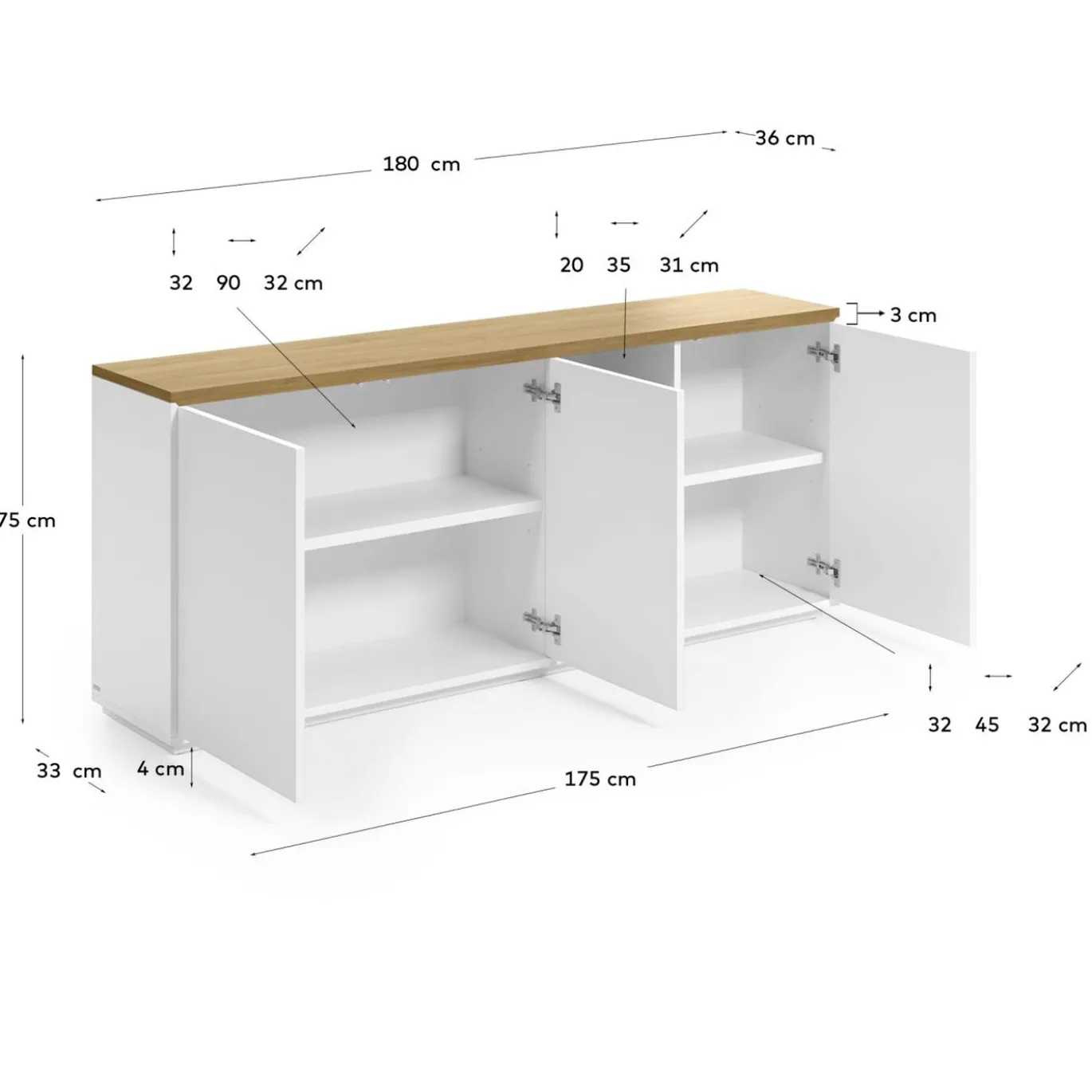 Kave Home Dressoir Abilen 3-deurs Eikenhoutfineer Wit Lak 180x75cm