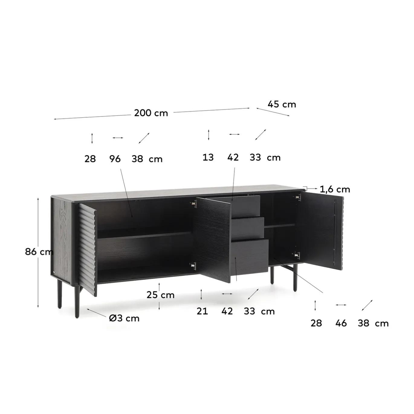 Kave Home Dressoir Lenon Massief Hout en Zwart Eikenfineer 200x86cm