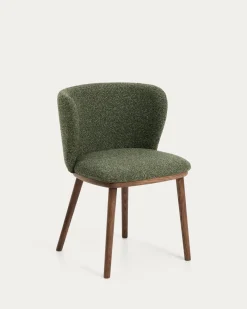 Kave Home Eetkamerstoel Ciselia Chenille Donkergroen/Walnoot