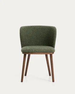 Kave Home Eetkamerstoel Ciselia Chenille Donkergroen/Walnoot
