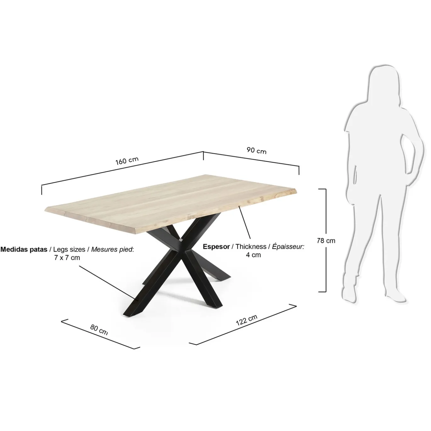 Kave Home Eettafel Argo Witgewassen Eikenhout Zwart 160cm