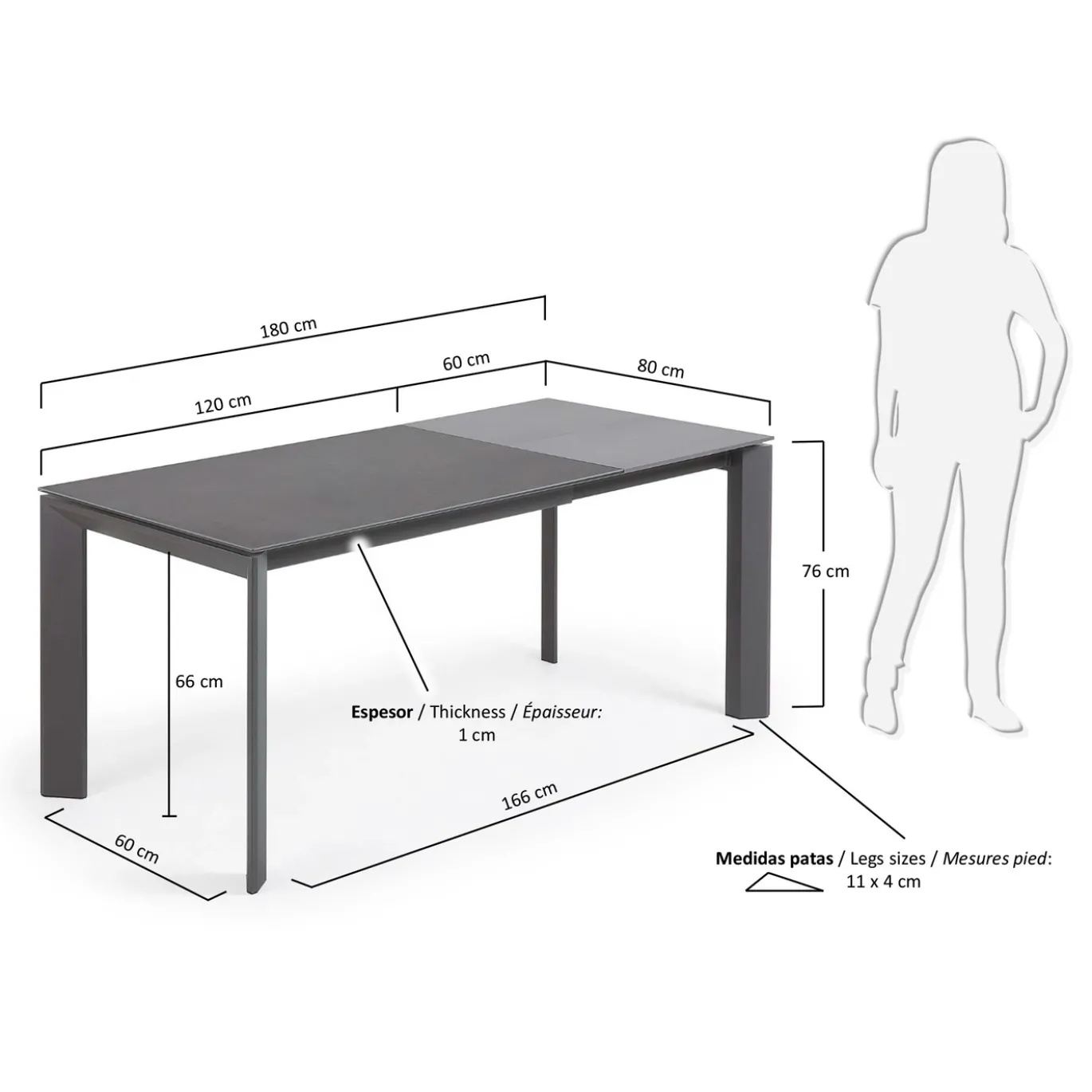 Kave Home Eettafel Axis Uitschuifbaar Antraciet/Donkergrijs 120-180cm