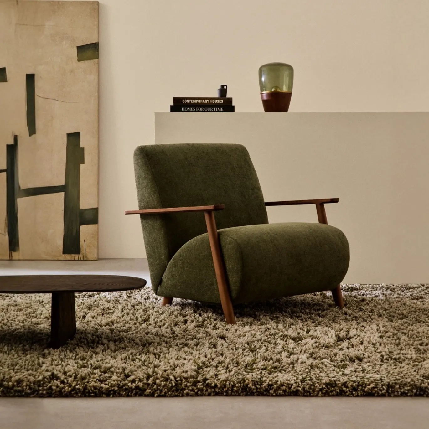 Kave Home Fauteuil Meghan Groen Chenille Essenhout