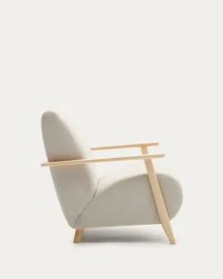 Kave Home Fauteuil Meghan Parelkleurig Chenille en Essenhout
