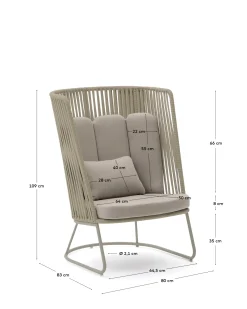 Kave Home Fauteuil Saconca Outdoor Touw Staal Beige Hoge Rugleuning