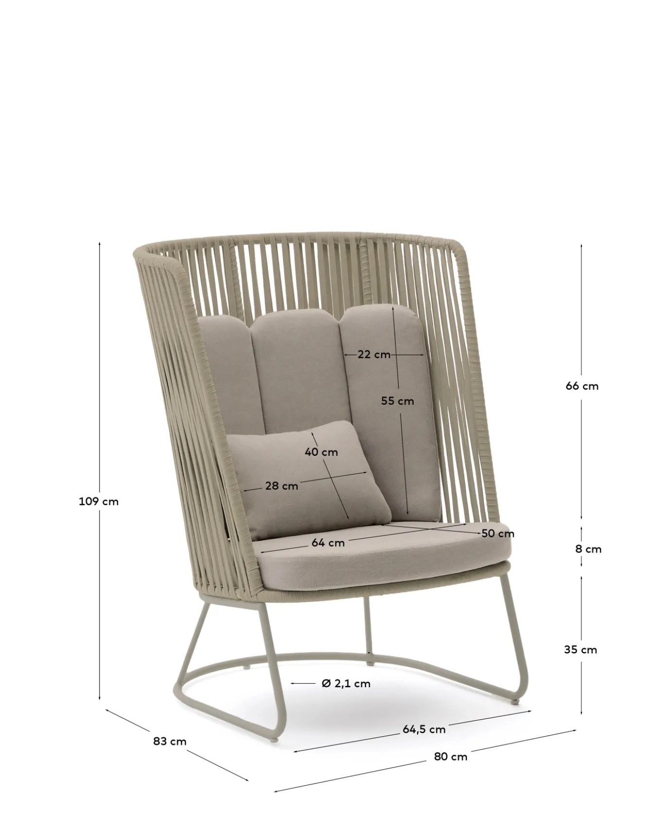 Kave Home Fauteuil Saconca Outdoor Touw Staal Beige Hoge Rugleuning