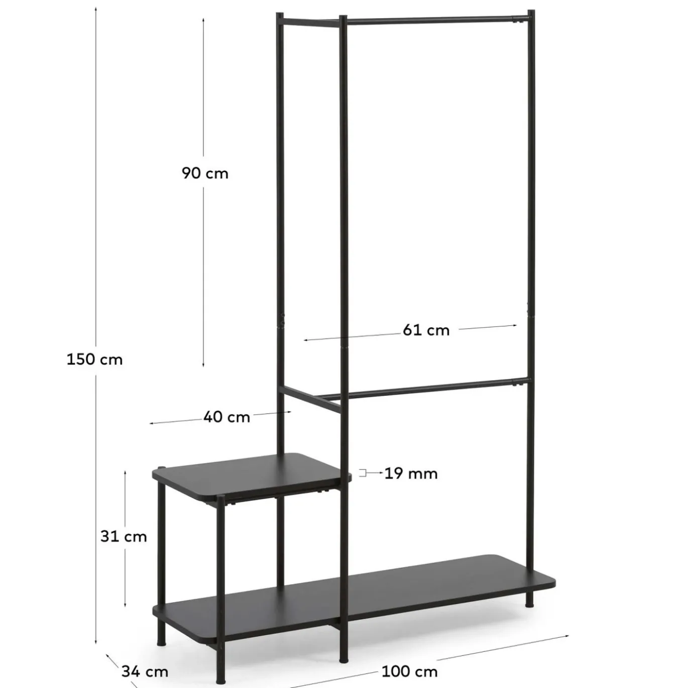 Kave Home Kledingroede met Bank Galatia Melamine en Metaal Zwart 100x150cm