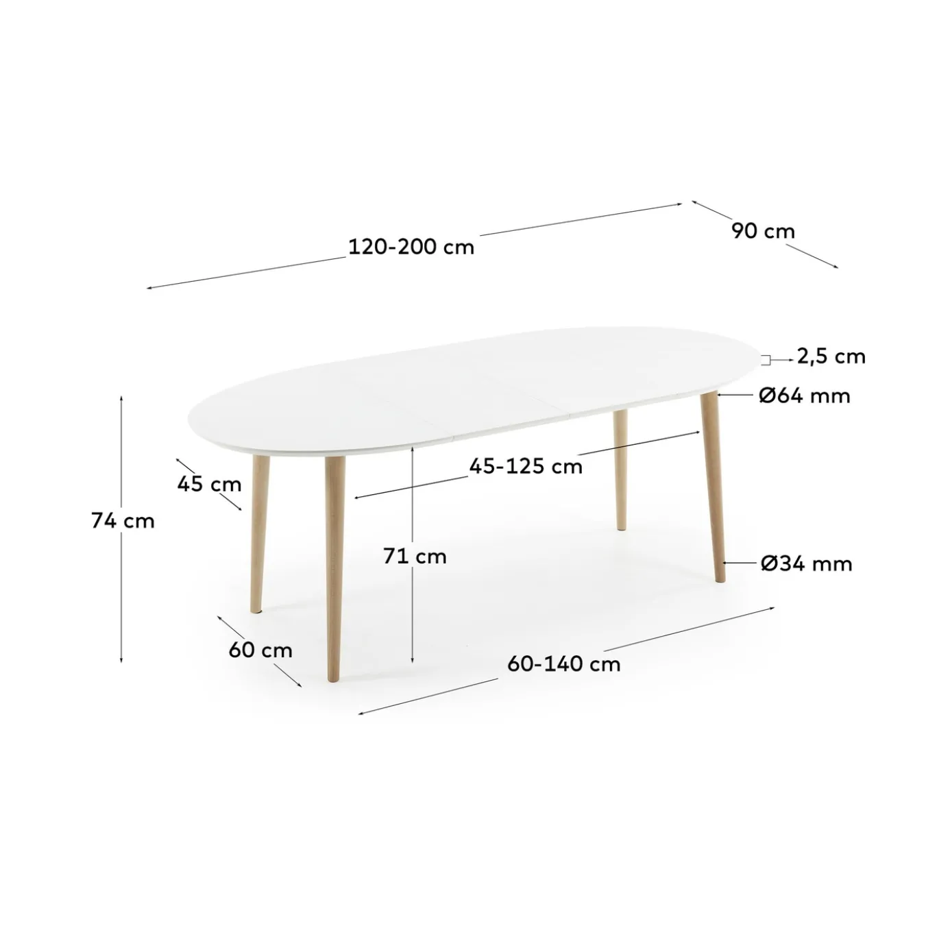 Kave Home Ovale Uitschuifbare Tafel Oqui Wit 120-200cm