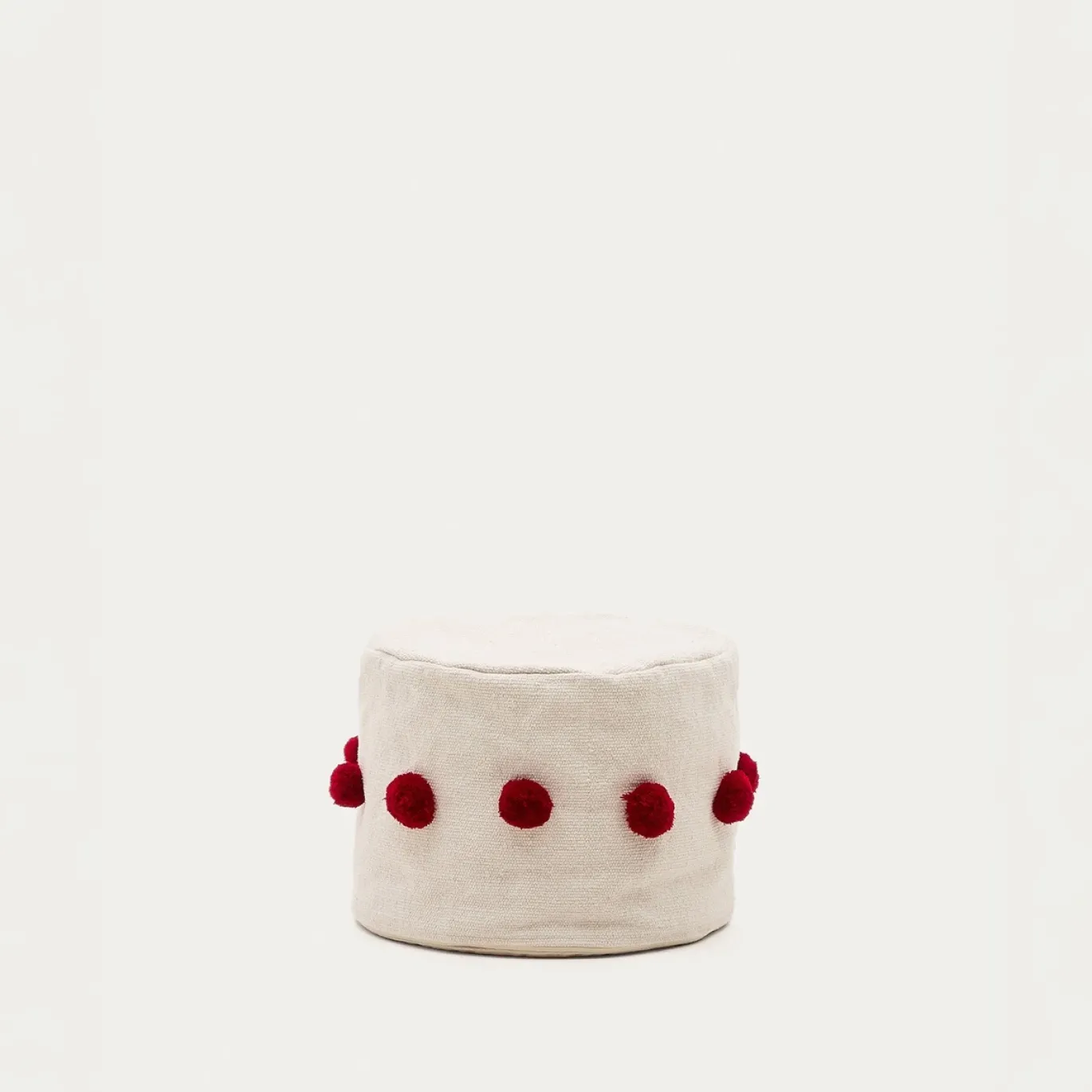 Kave Home Poef Manua Katoen Beige met Rode Kwastjes Ø40cm