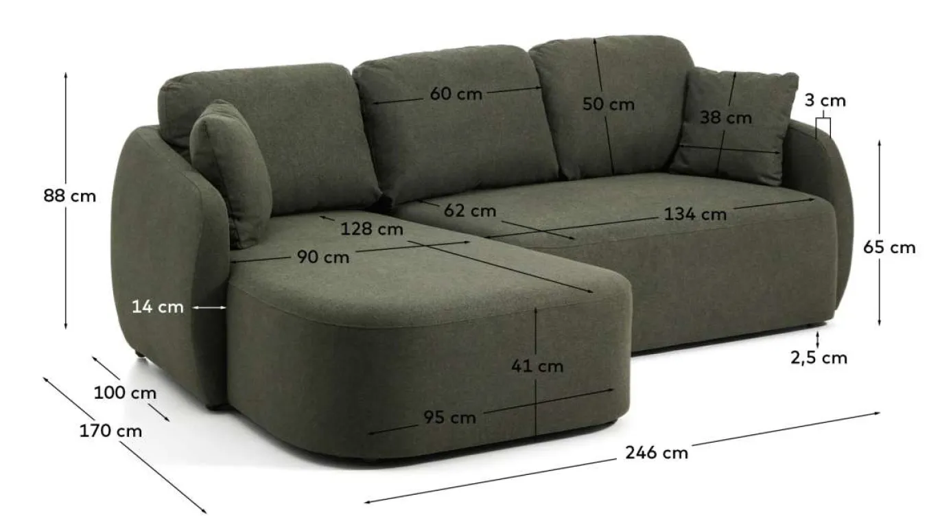Kave Home Slaapbank Laira 3-Zits Chaise Longue Links Donkergroen 246cm