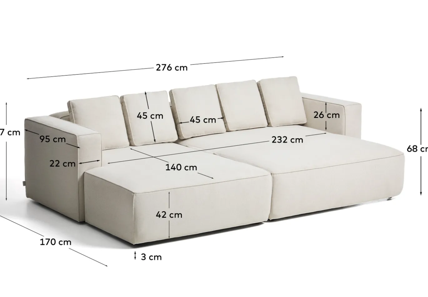 Kave Home Slaapbank Marela Chaise Longue Links Chenille Beige 276cm