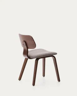 Kave Home Stoel Gena Beige Chenille met Walnootfineer en Rubberhout