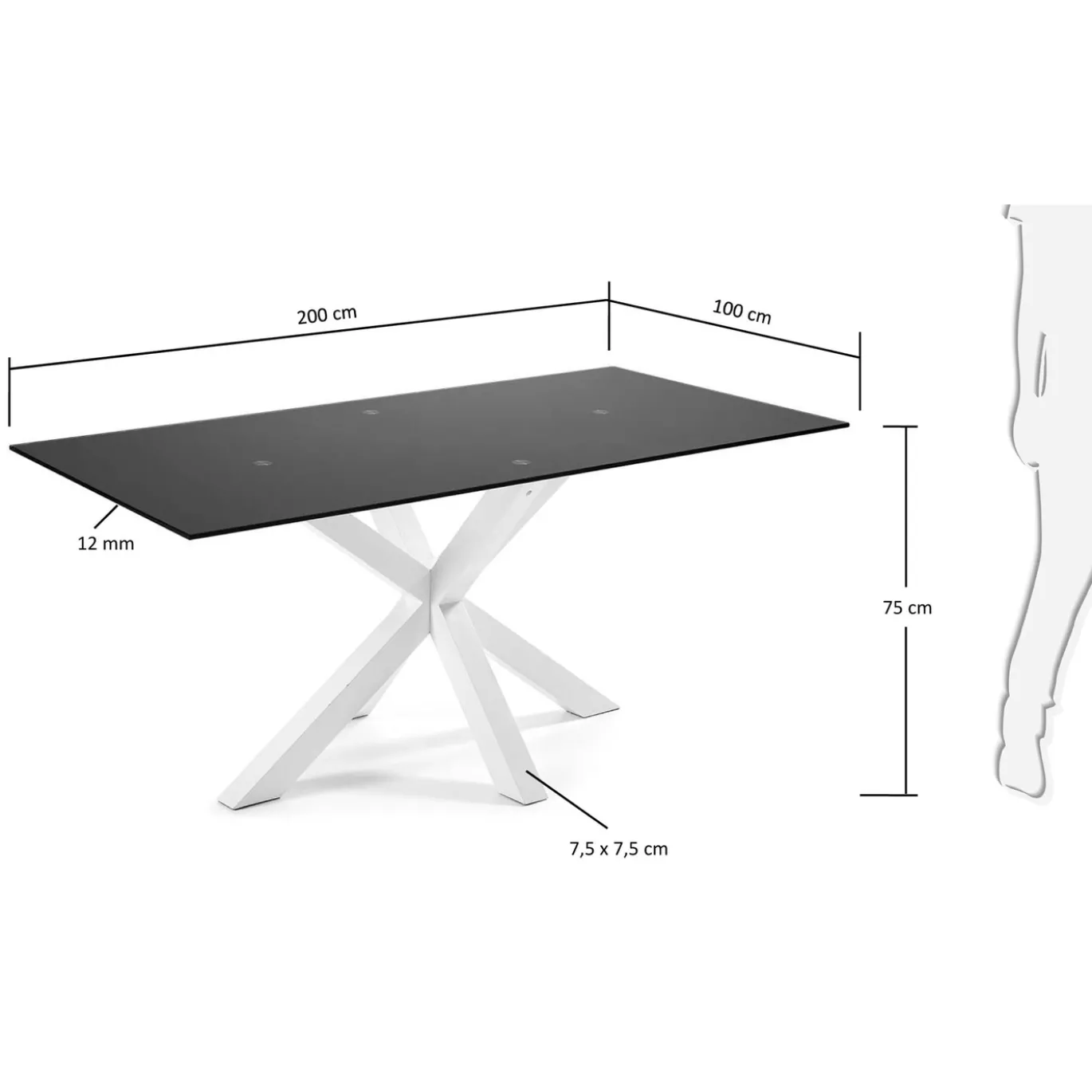 Kave Home Tafel Argo Matzwart Glas en Stalen Poten Wit 200x100cm