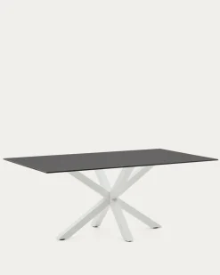 Kave Home Tafel Argo Matzwart Glas en Stalen Poten Wit 200x100cm