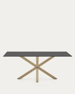 Kave Home Tafel Argo Zwart Glazen Blad Houtafwerking 200x100cm