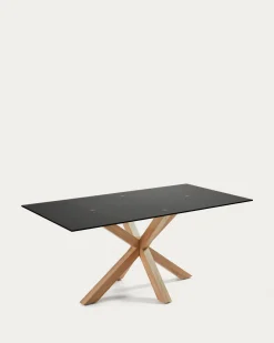 Kave Home Tafel Argo Zwart Glazen Blad Houtafwerking 200x100cm