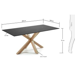 Kave Home Tafel Argo Zwart Glazen Blad Houtafwerking 200x100cm