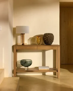 Kave Home Tafellamp Niani Rubberhout Naturel Katoen Ø30cm