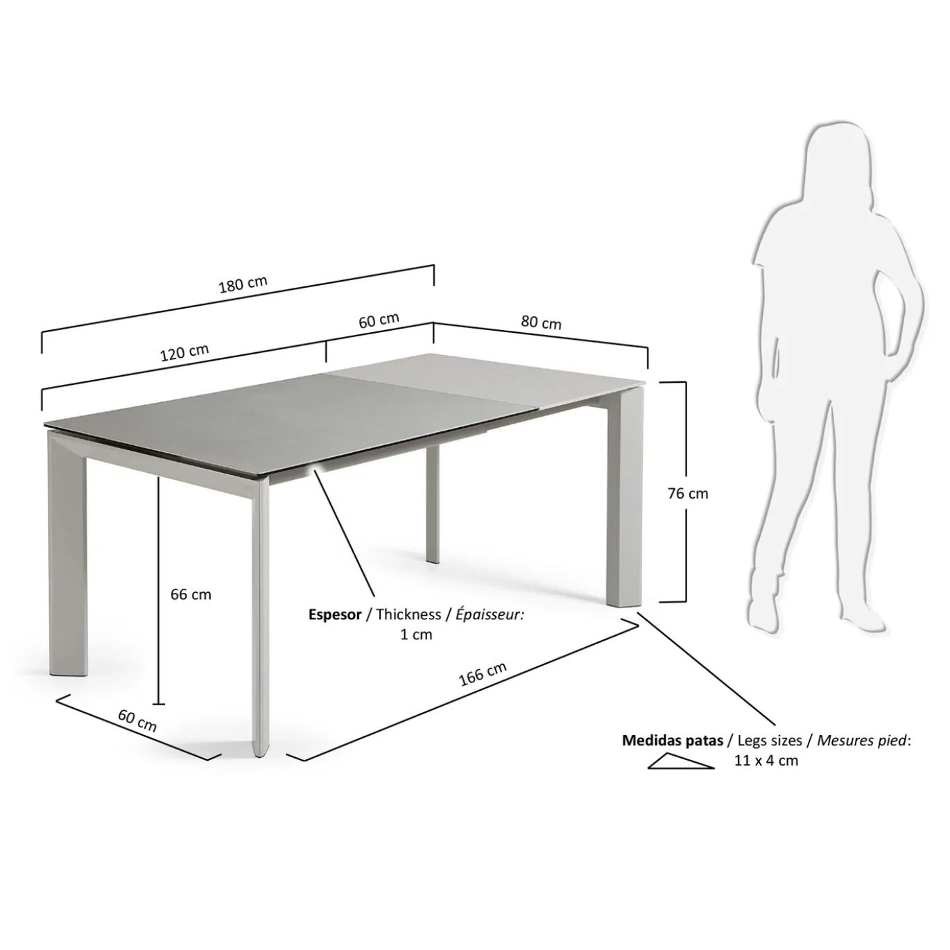 Kave Home Uitschuifbare Keramisch Tafel Axis met Grijs Stalen Poten 120 (180)cm