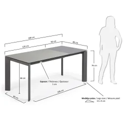 Kave Home Uitschuifbare Keramisch Tafel Axis met Antraciet Stalen Poten 120 (180)cm