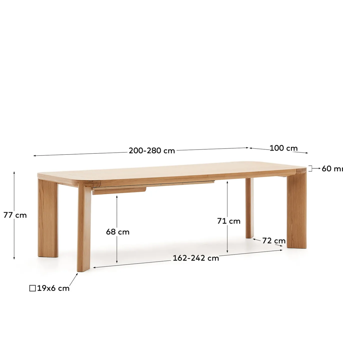 Kave Home Uitschuifbare Tafel Jondal Massief Eikenhout 200-280cm