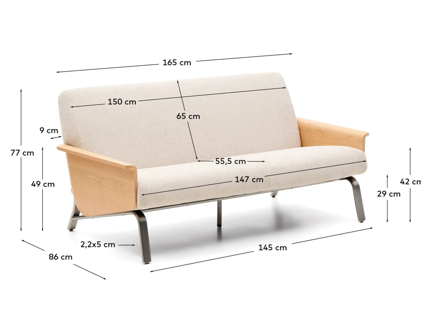 Kave Home 2-zitsbank Amsen Beige Eiken Multiplex en Geborsteld RVS 150cm