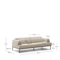 Kave Home 3-zitsbank Aurum Ecru en Matgrijs Onderstel 234cm