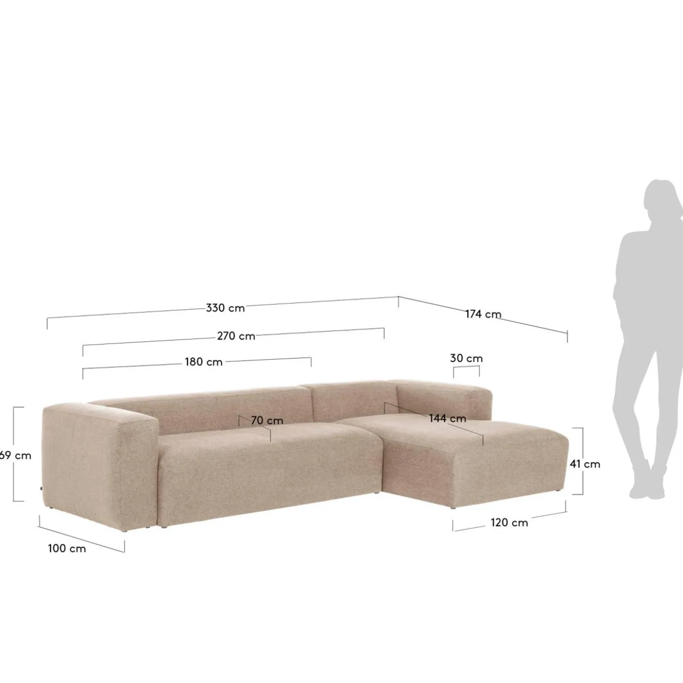 Kave Home 4-zitsbank Blok Beige Ecru Chaise Longue Rechts 330cm