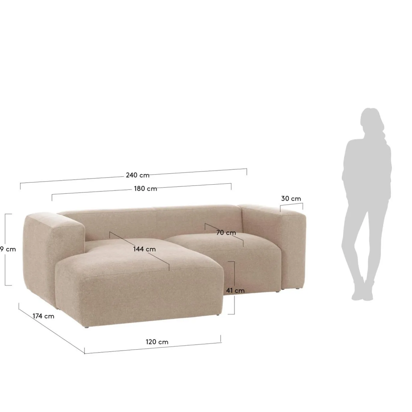 Kave Home 2-zitsbank Blok Beige Ecru Chaise Longue Links 240cm