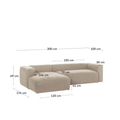 Kave Home 3-zitsbank Blok Beige Ecru Chaise Longue Links 300cm