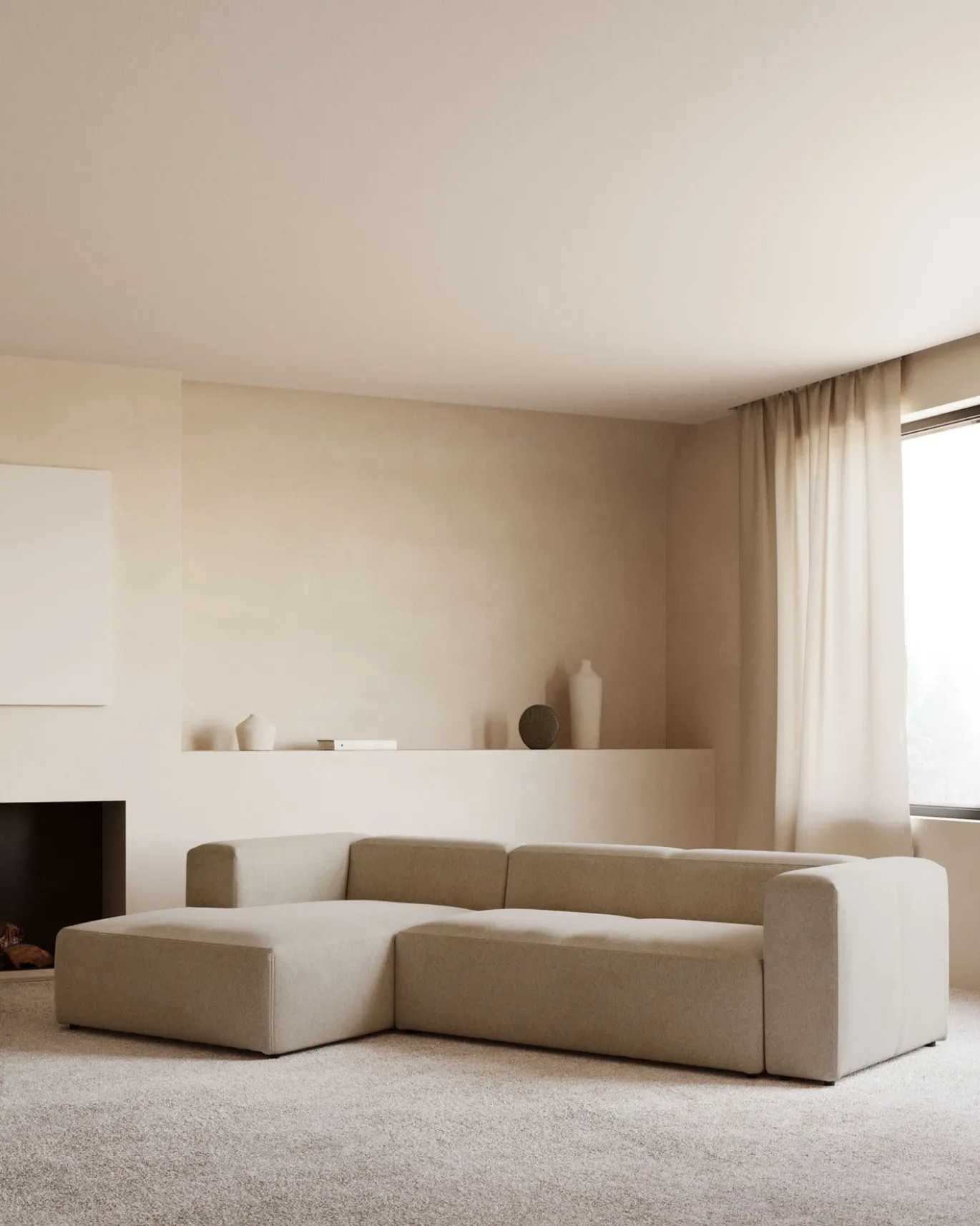 Kave Home 4-zitsbank Blok Beige Ecru Chaise Longue Links 330cm