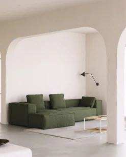 Kave Home 4-zitsbank Blok Chaise Longue Links Groen Ribstof 330cm