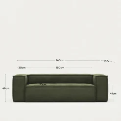Kave Home 3-zitsbank Blok Groen Ribstof 240cm