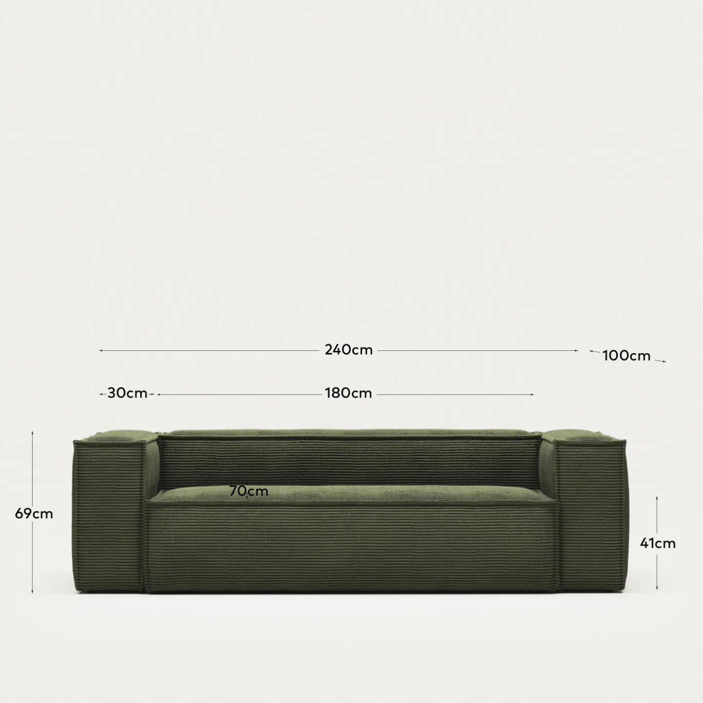 Kave Home 3-zitsbank Blok Groen Ribstof 240cm