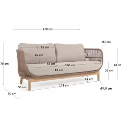 Kave Home 3-zitsbank Catalina Beige Massief Acaciahout 170cm