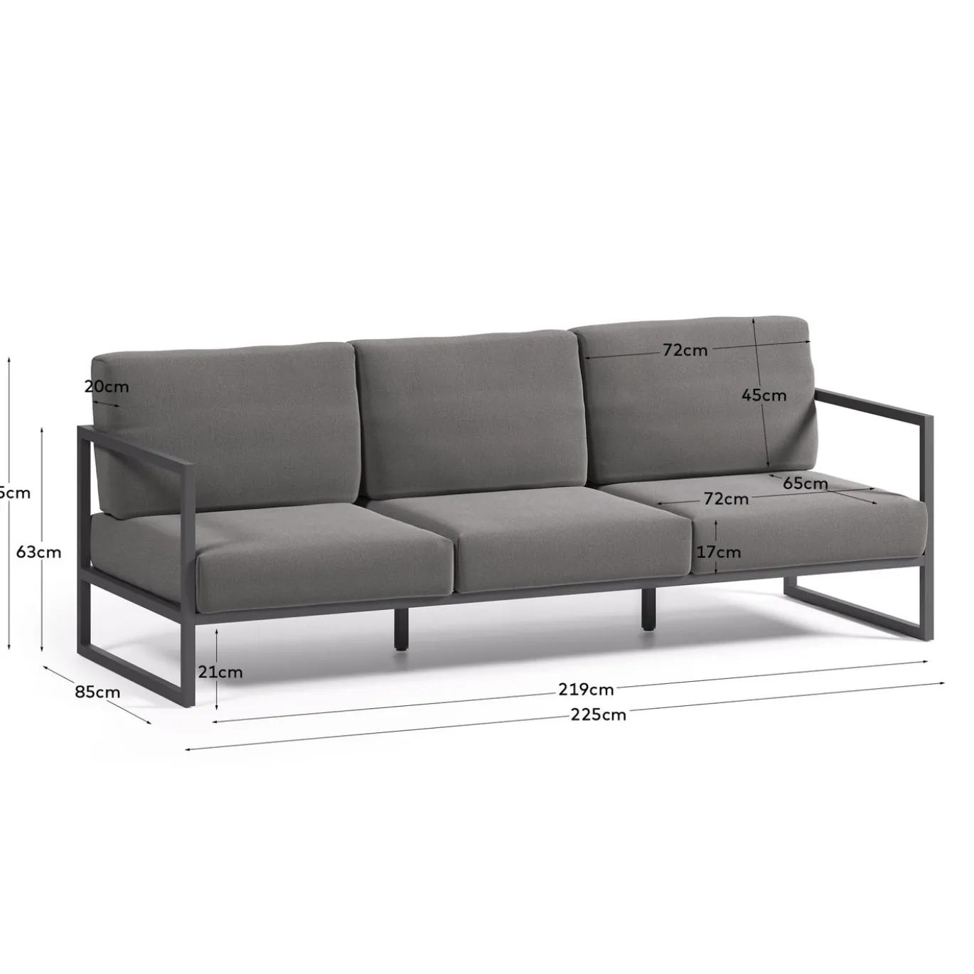 Kave Home 3-zitsbank Comova Outdoor Donkergrijs en Zwart Aluminium 222cm