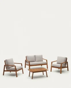 Kave Home 2-zitsbank Frares met 2 Fauteuils en Salontafel Acaciahout