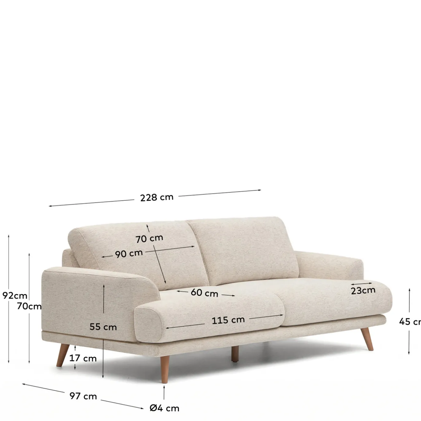 Kave Home 3-zitsbank Karin Wit Massief Beukenhout 231cm