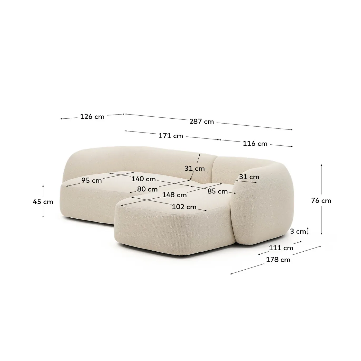 Kave Home 3-Zitsbank Martina Modulair met Chaise Longue Rechts Ecru 287cm