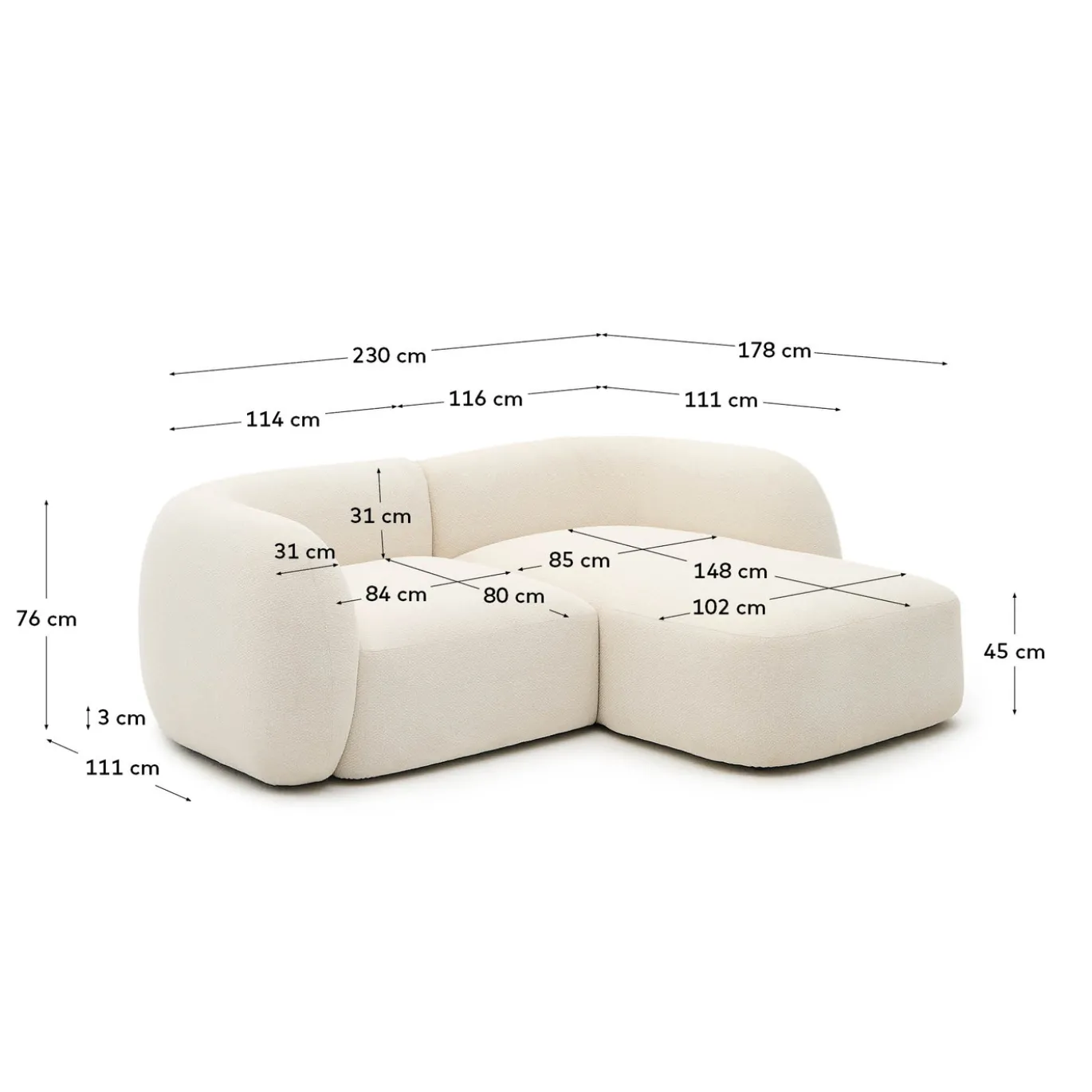 Kave Home 2-Zitsbank Martina Modulair met Chaise Longue Rechts Ecru 230cm
