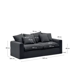 Kave Home 3-zitsbank Nora Kussens Grijs/antraciet Linnen en Katoen 240cm
