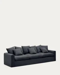 Kave Home 4-zitsbank Nora Kussens Grijs/antraciet Linnen en Katoen 340cm