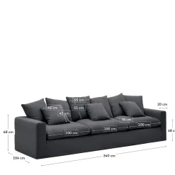Kave Home 4-zitsbank Nora Kussens Grijs/antraciet Linnen en Katoen 340cm