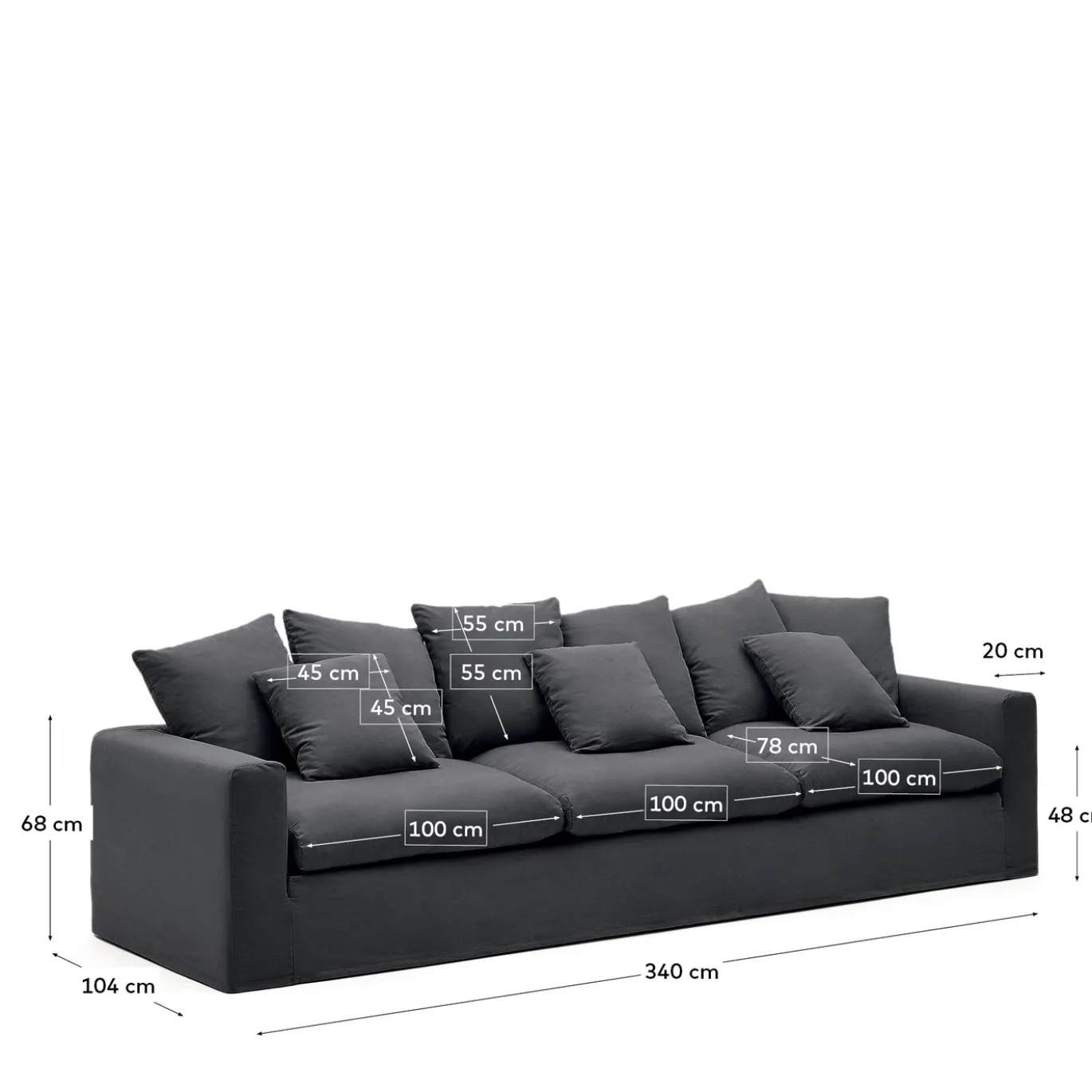 Kave Home 4-zitsbank Nora Kussens Grijs/antraciet Linnen en Katoen 340cm