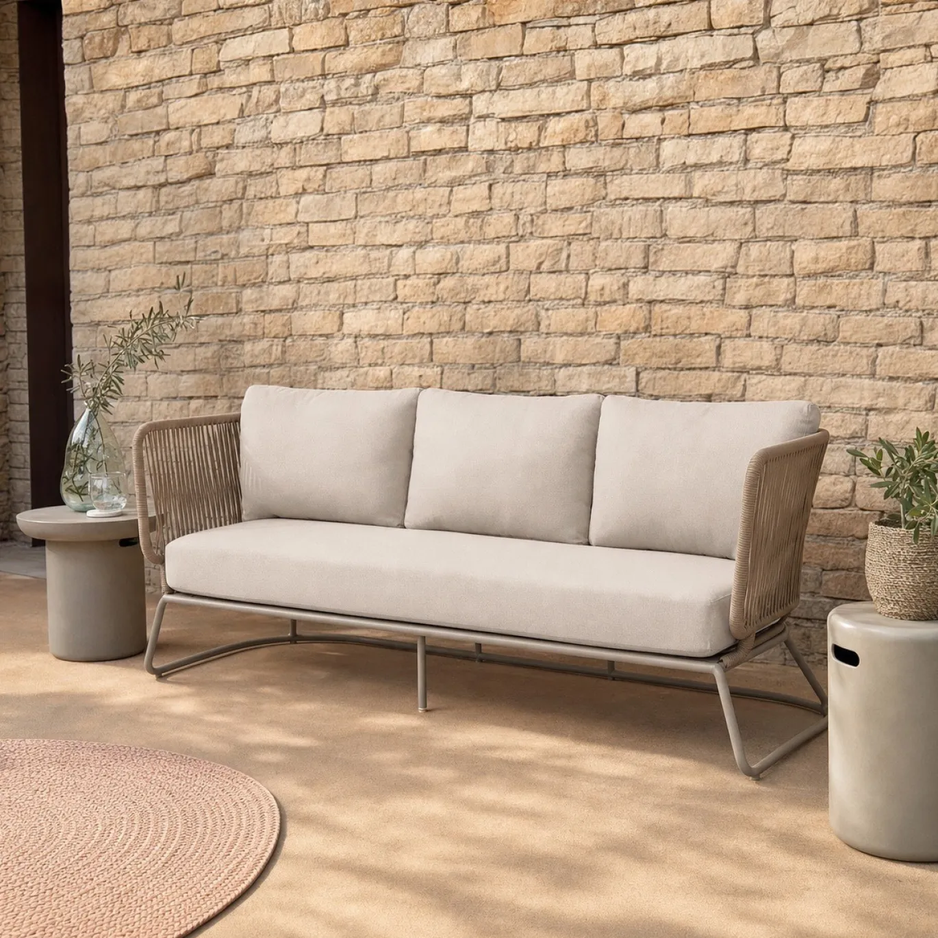 Kave Home 3-Zitsbank Saconca Outdoor Touw Staal Beige 189cm